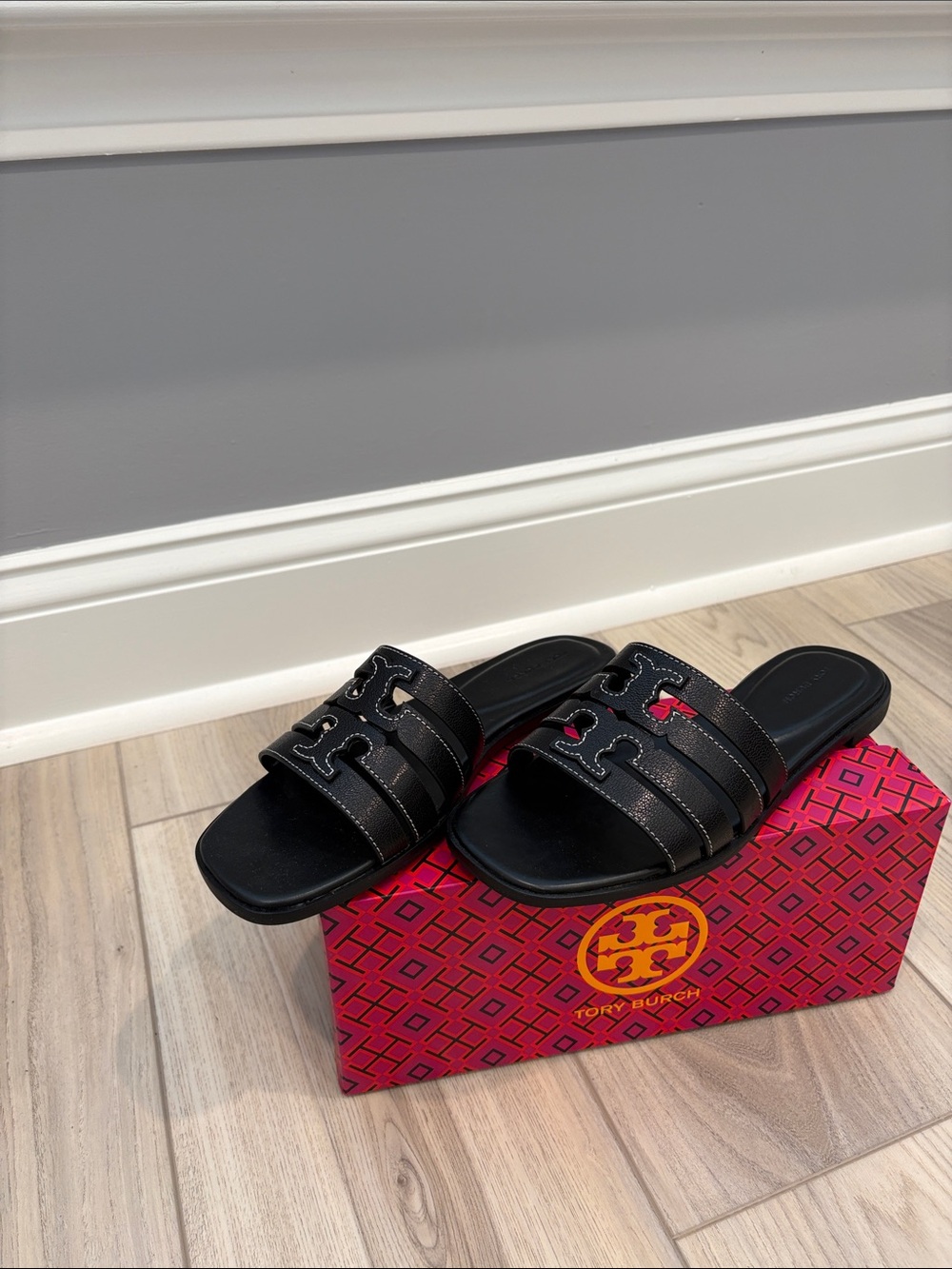 Tory Burch Black Triple-Strap Logo Slide Sandals - Picture 5 of 5